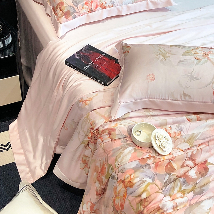 91家纺网 家纺一手货源 找家纺 若未家居 LOVEWE HOUSE 2025新款兰精天丝印花夏被及夏被四件套 花西子 粉（床单款+床盖款）