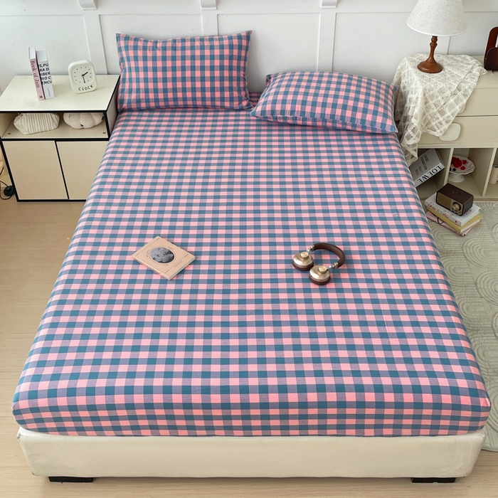 91家纺网 家纺一手货源 找家纺 2025新款全棉水洗棉套件-单床笠 粉灰小格