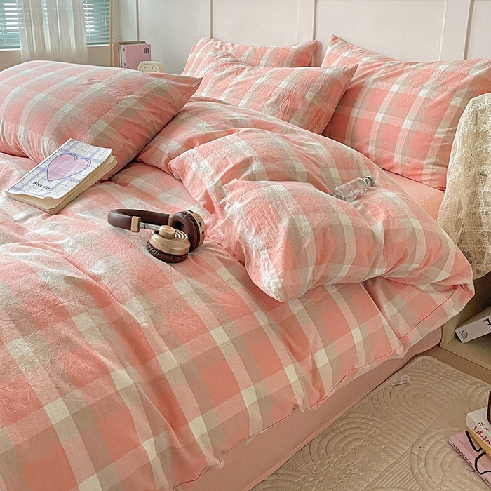 91家纺网 家纺一手货源 找家纺 大柏树 2025新款全棉水洗棉套件-床单四件套 洛伊粉咖小格