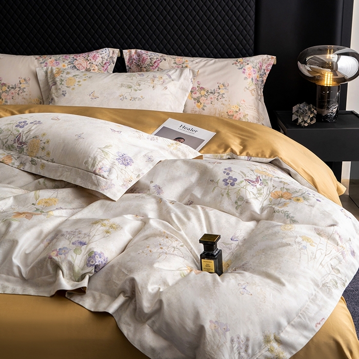 91家纺网 家纺一手货源 找家纺 皇寝世家家居 2025新款60S新疆长绒棉数码印花全棉床上四件套纯棉床品套件 蝶舞