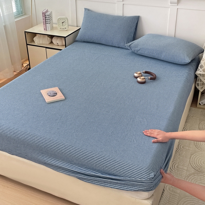 91家纺网 家纺一手货源 找家纺 2025新款全棉水洗棉套件-单床笠 蓝细条