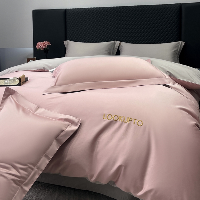 91家纺网 家纺一手货源 找家纺 皇寝世家家居 2025新款全棉纯棉A类100s长绒棉四件套刺绣绣花纯色贡缎床单款-诗雅 诗雅-如意粉