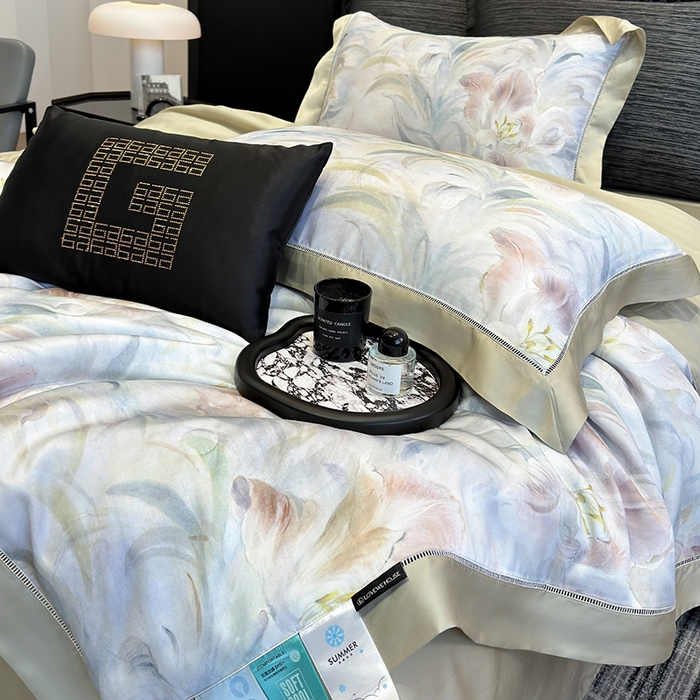 91家纺网 家纺一手货源 找家纺 若未家居 LOVEWE HOUSE 2025新款兰精天丝印花夏被及夏被四件套 粉墨华羽（床单款+床盖款）