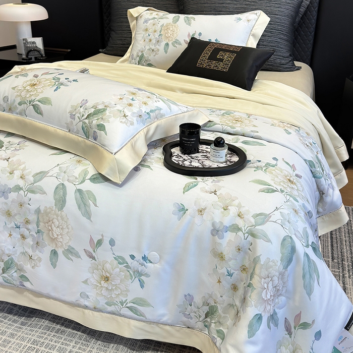 91家纺网 家纺一手货源 找家纺 若未家居 LOVEWE HOUSE 2025新款兰精天丝印花夏被及夏被四件套 白茶（床单款+床盖款）