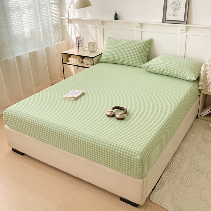 91家纺网 家纺一手货源 找家纺 2025新款全棉水洗棉套件-单床笠 艾莎绿小格