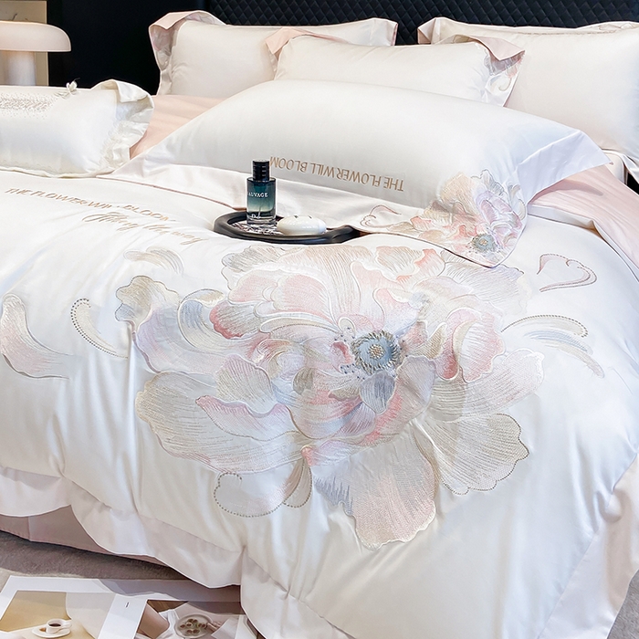 91家纺网 家纺一手货源 找家纺 星蕴家纺 2025新款100支澳棉正宗长绒棉四件套-绽放 绽放 白拼玉