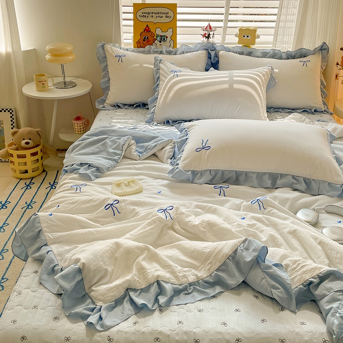 91家纺网 家纺一手货源 找家纺 （总）2025新款绣花双层纱针织棉夏被床盖四件套全棉夏被四件套