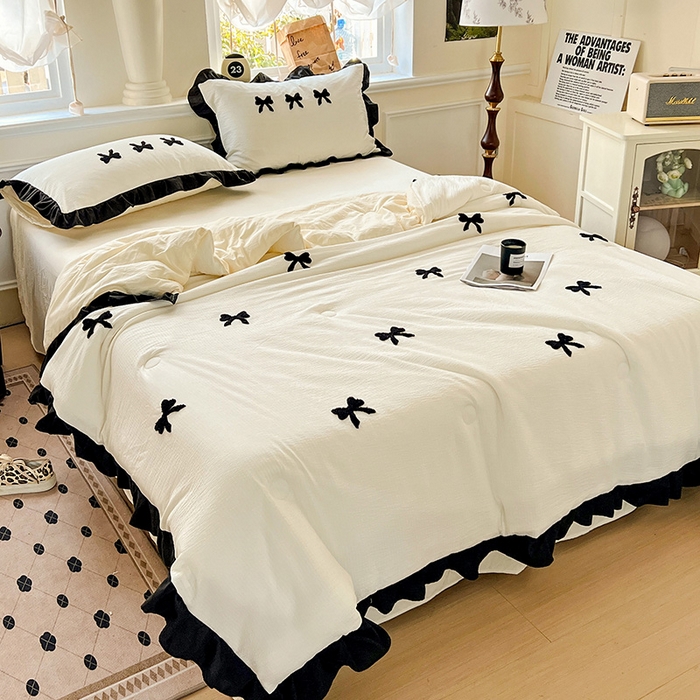 91家纺网 家纺一手货源 找家纺 梦之岛 2025新款韩版小泡泡水洗棉毛巾绣四件套-蝶梦 蝶梦蝴蝶结-奶白