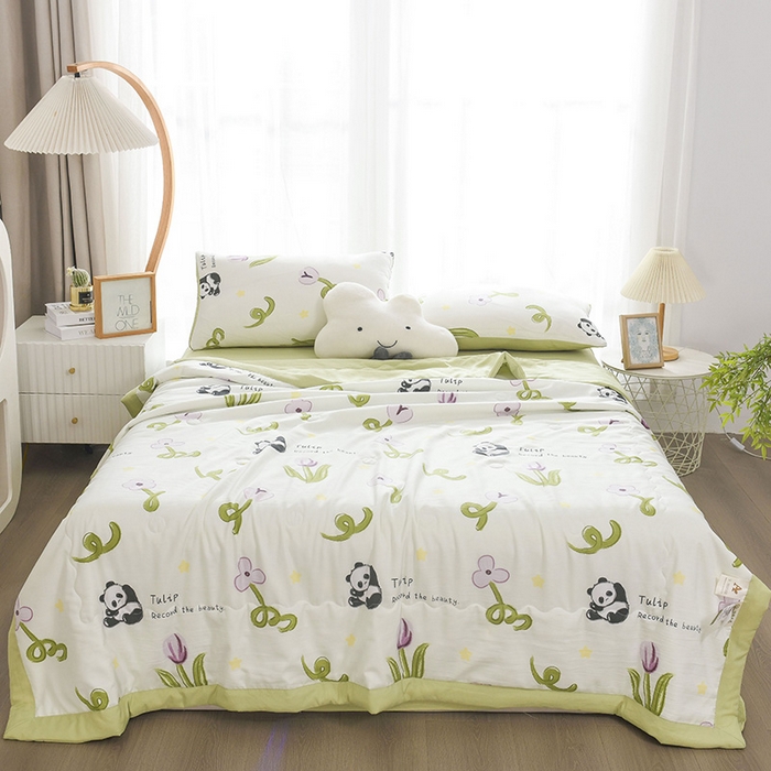 91家纺网 家纺一手货源 找家纺 红日子纺织品 2025新款棉麻夏被四件套 快乐熊猫