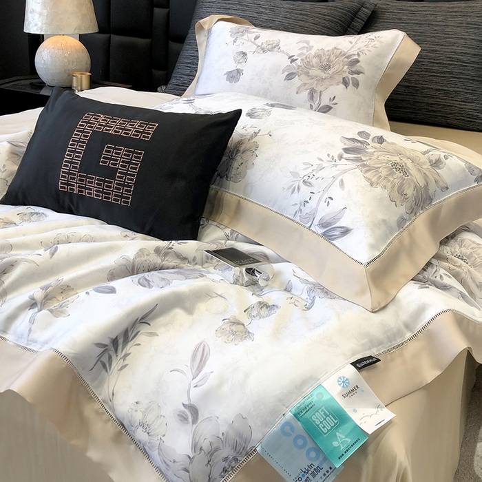 91家纺网 家纺一手货源 找家纺 若未家居 LOVEWE HOUSE 2025新款兰精天丝印花夏被及夏被四件套 芍药连枝（床单款+床盖款）