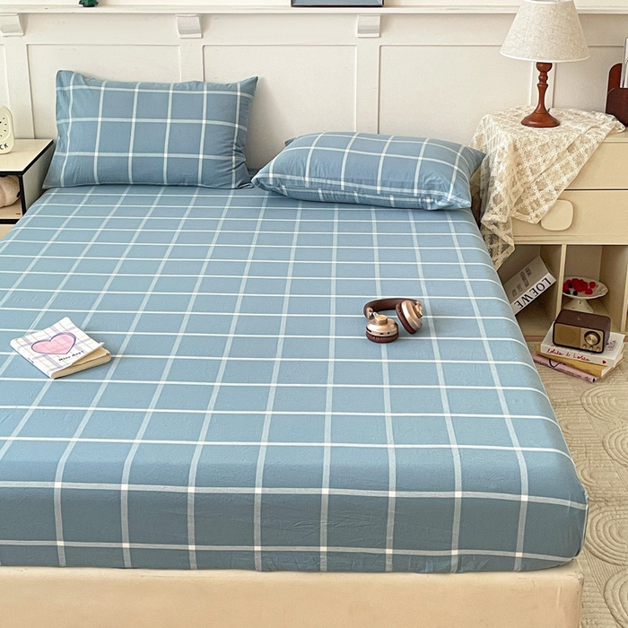 91家纺网 家纺一手货源 找家纺 2025新款全棉水洗棉套件-单床笠 蓝灰中格