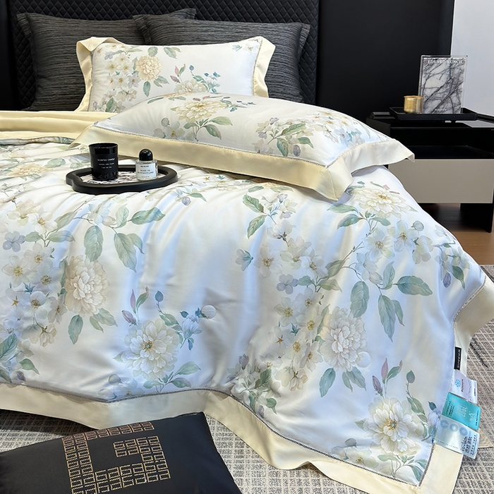 91家纺网 家纺一手货源 找家纺 若未家居 LOVEWE HOUSE 2025新款兰精天丝印花夏被及夏被四件套 白茶（床单款+床盖款）