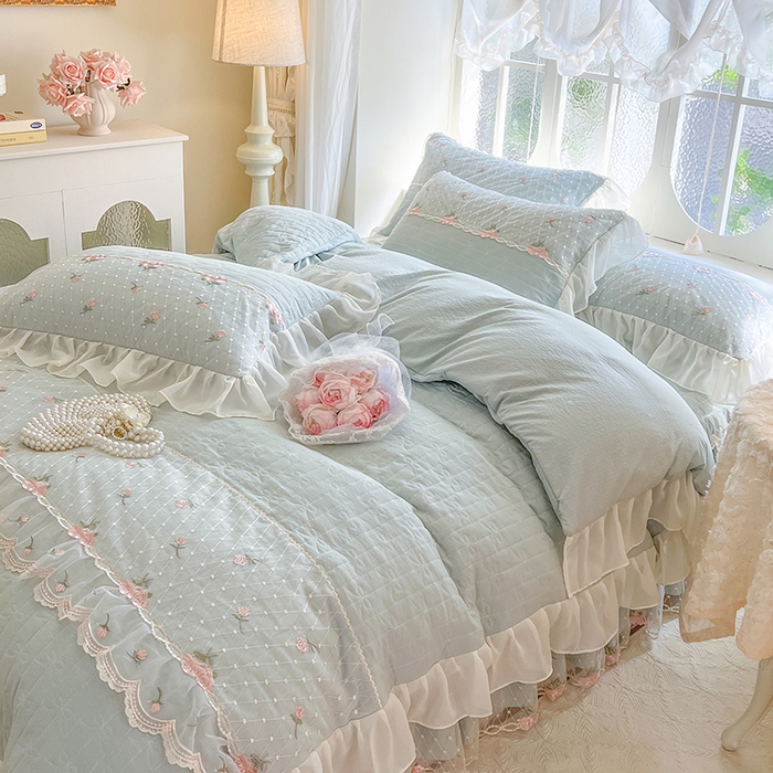 91家纺网 家纺一手货源 找家纺 网红馆（ck家纺） 2025新款优舒棉蕾丝花边床裙四件套-玛格丽 水绿