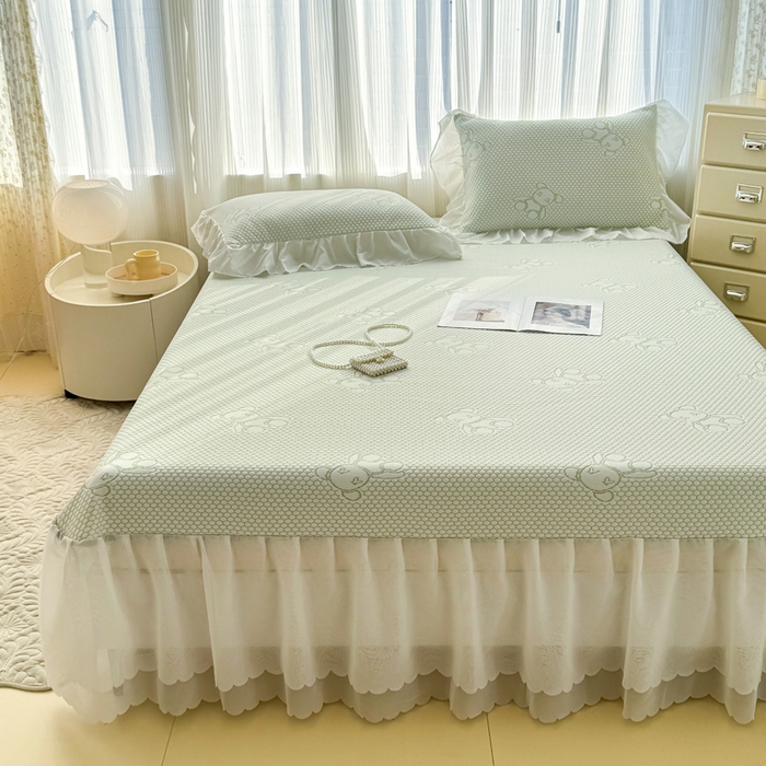 91家纺网 家纺一手货源 找家纺 999家纺   2025新款凉感提花冰豆豆凉席三件套 冰块熊-绿（床盖款）