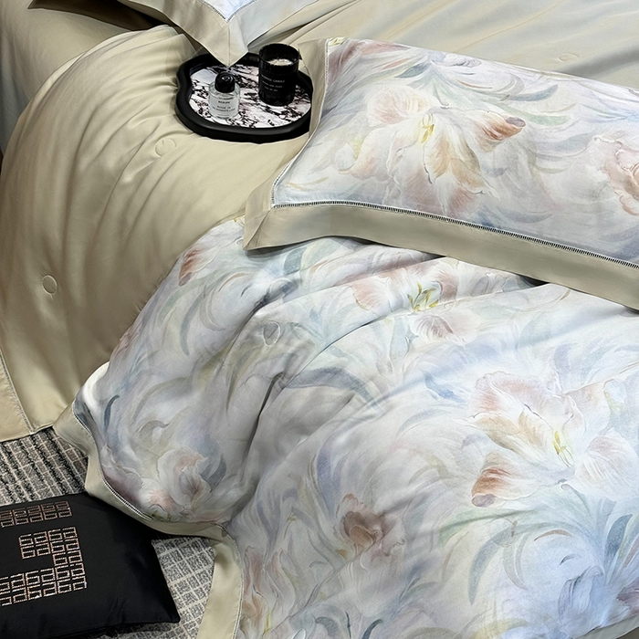 91家纺网 家纺一手货源 找家纺 若未家居 LOVEWE HOUSE 2025新款兰精天丝印花夏被及夏被四件套 粉墨华羽（床单款+床盖款）