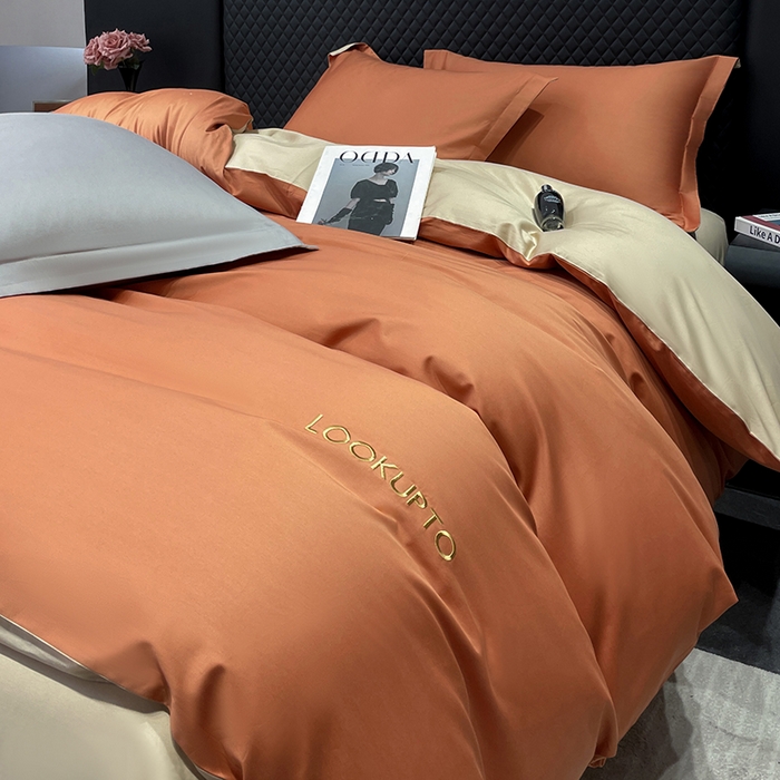 91家纺网 家纺一手货源 找家纺 皇寝世家家居 2025新款全棉纯棉A类100s长绒棉四件套刺绣绣花纯色贡缎床单款-诗雅 诗雅-活力橙