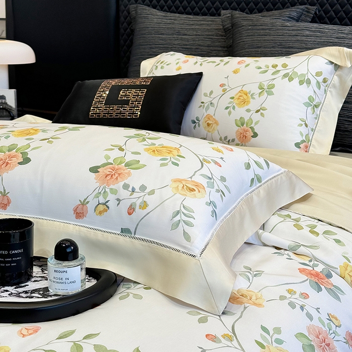 91家纺网 家纺一手货源 找家纺 若未家居 LOVEWE HOUSE 2025新款兰精天丝印花夏被及夏被四件套 奶酪玫瑰（床单款+床盖款）