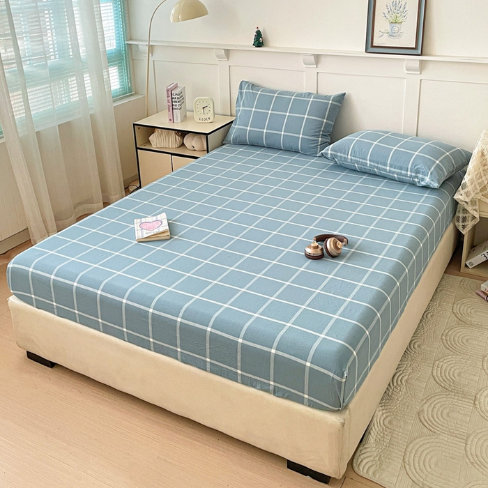 91家纺网 家纺一手货源 找家纺 2025新款全棉水洗棉套件-单床笠 蓝灰中格