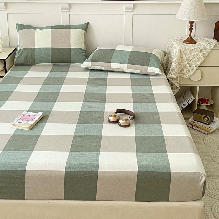 91家纺网 家纺一手货源 找家纺 2025新款全棉水洗棉套件-单床笠 绿大格