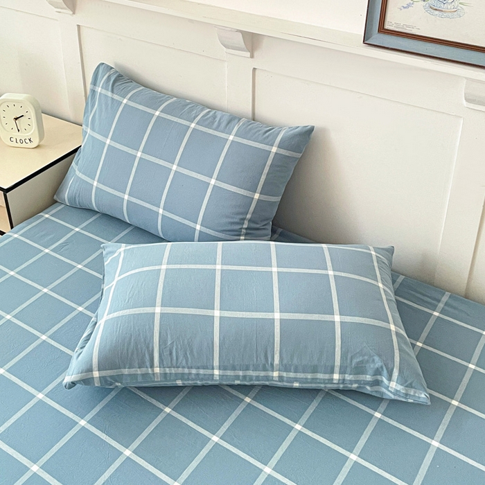 91家纺网 家纺一手货源 找家纺 2025新款全棉水洗棉套件-单床笠 蓝灰中格