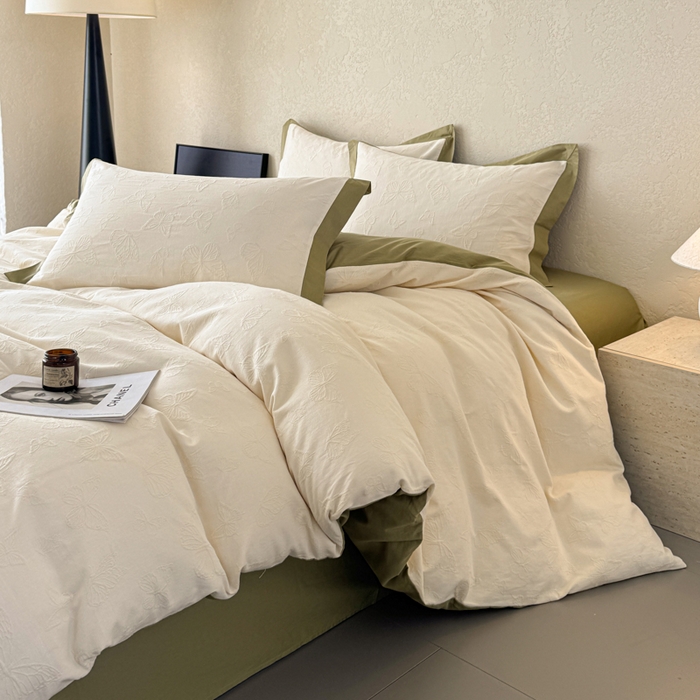 91家纺网 家纺一手货源 找家纺 若未家居 LOVEWE HOUSE 2025新款50S色织空气层水洗大提花全棉四件套 梦蝶-春日白