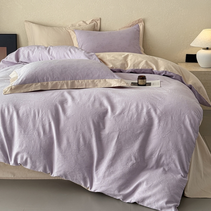 91家纺网 家纺一手货源 找家纺 若未家居 LOVEWE HOUSE 2025新款50S色织空气层水洗大提花全棉四件套 梦蝶-有氧紫