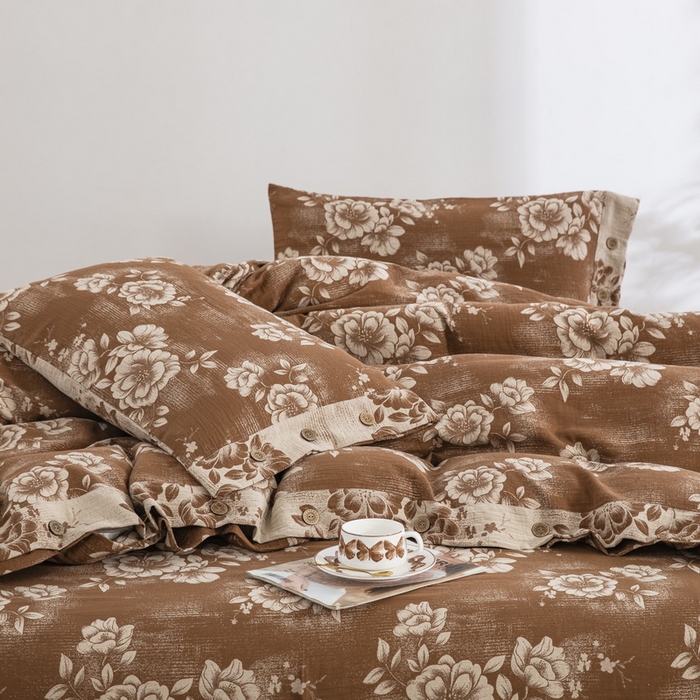 91家纺网 家纺一手货源 找家纺 2025新款全棉色织双层纱纽扣款四件套 云纱-浅咖