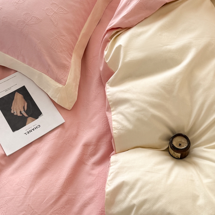 91家纺网 家纺一手货源 找家纺 若未家居 LOVEWE HOUSE 2025新款50S色织空气层水洗大提花全棉四件套 梦蝶-仙桃粉