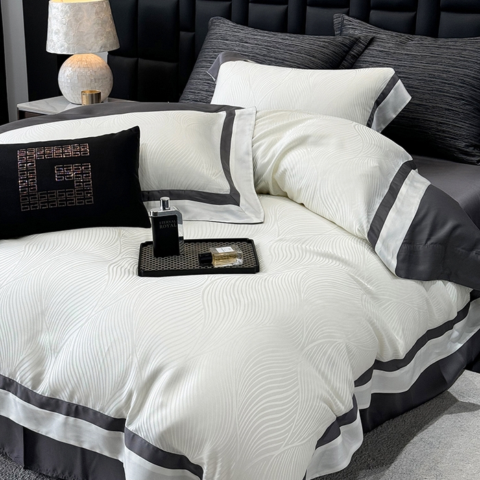 91家纺网 家纺一手货源 找家纺 若未家居 LOVEWE HOUSE 2025新款天丝提花套件撞色轻奢风四件套-天丝布拉格 天丝布拉格 奶昔白