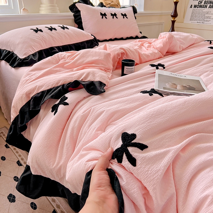 91家纺网 家纺一手货源 找家纺 梦之岛 2025新款韩版小泡泡水洗棉毛巾绣四件套-蝶梦 蝶梦蝴蝶结-玉