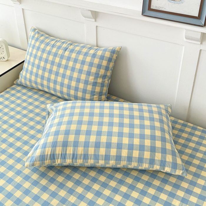 91家纺网 家纺一手货源 找家纺 2025新款全棉水洗棉套件-单床笠 蓝黄三分格