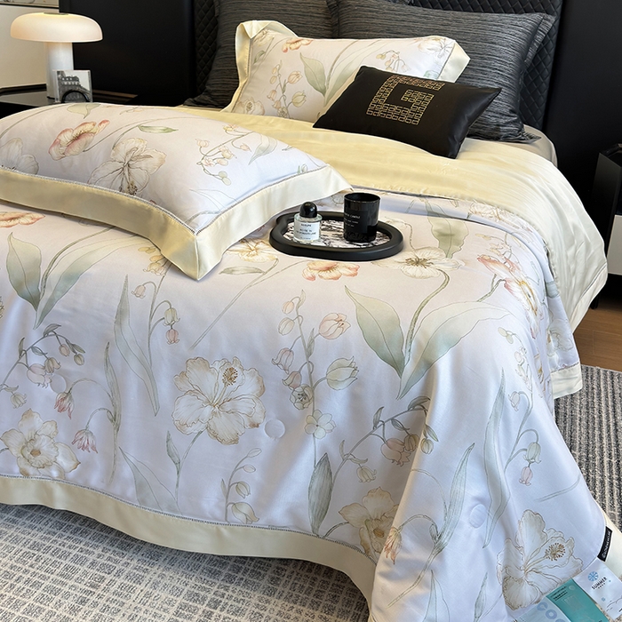 91家纺网 家纺一手货源 找家纺 若未家居 LOVEWE HOUSE 2025新款兰精天丝印花夏被及夏被四件套 西子铃兰（床单款+床盖款）