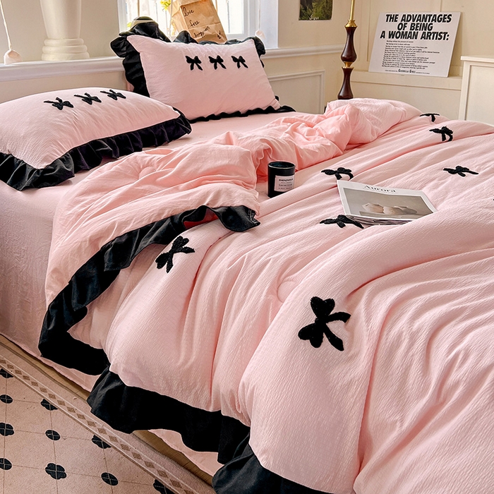 91家纺网 家纺一手货源 找家纺 （总）梦之岛 2025新款韩版小泡泡水洗棉毛巾绣四件套-蝶梦