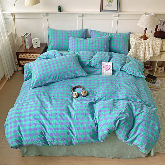 91家纺网 家纺一手货源 找家纺 大柏树 2025新款全棉水洗棉套件-床单四件套 绿紫中格