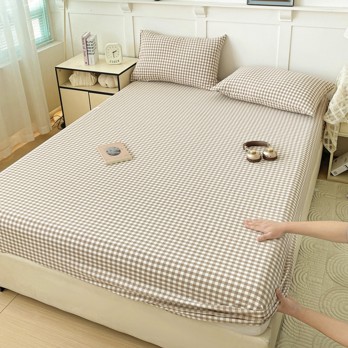 91家纺网 家纺一手货源 找家纺 2025新款全棉水洗棉套件-单床笠 米小格