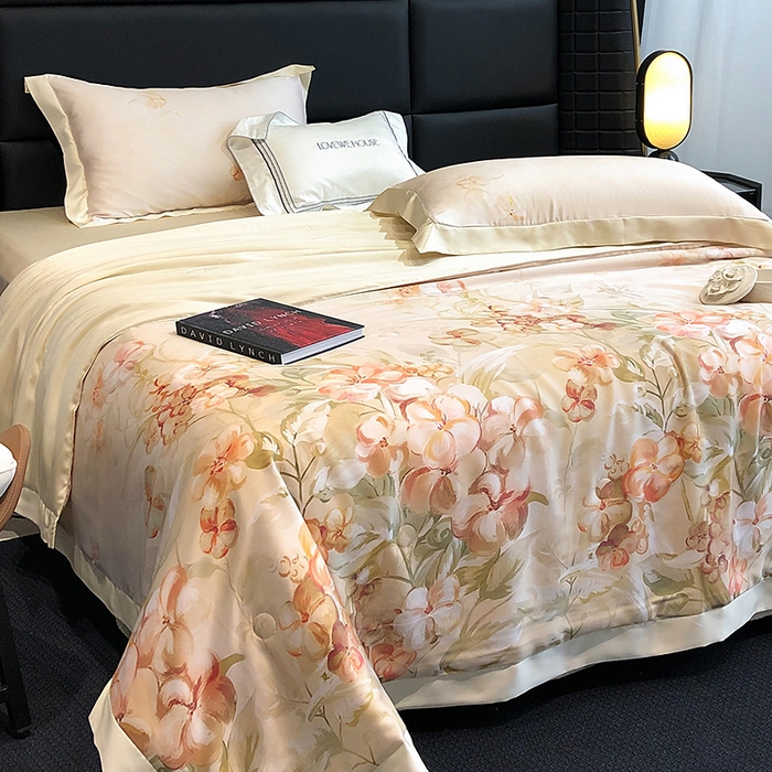 91家纺网 家纺一手货源 找家纺 若未家居 LOVEWE HOUSE 2025新款兰精天丝印花夏被及夏被四件套 花西子 米（床单款+床盖款）