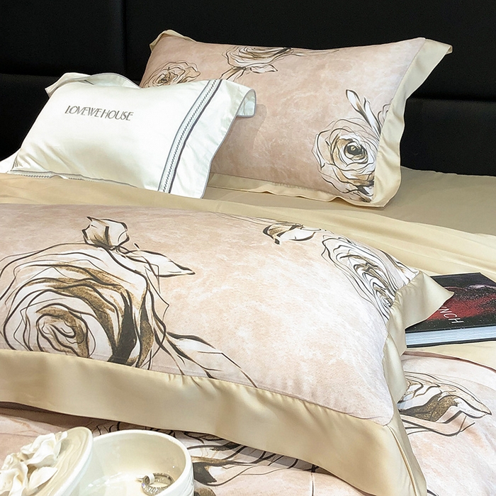 91家纺网 家纺一手货源 找家纺 若未家居 LOVEWE HOUSE 2025新款兰精天丝印花夏被及夏被四件套 叶罗丽玫瑰 米（床单款+床盖款）