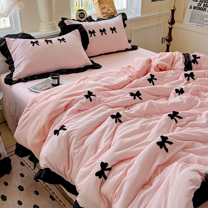 91家纺网 家纺一手货源 找家纺 梦之岛 2025新款韩版小泡泡水洗棉毛巾绣四件套-蝶梦 蝶梦蝴蝶结-玉