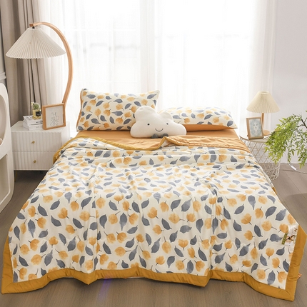 91家纺网 家纺一手货源 找家纺 红日子纺织品 2025新款棉麻夏被四件套 漫花-黄