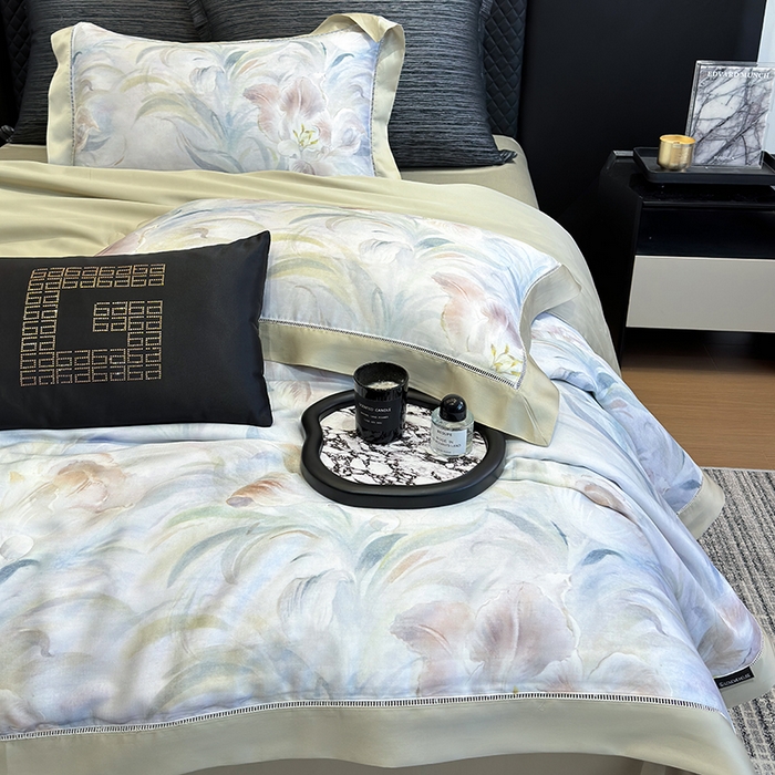 91家纺网 家纺一手货源 找家纺 若未家居 LOVEWE HOUSE 2025新款兰精天丝印花夏被及夏被四件套 粉墨华羽（床单款+床盖款）