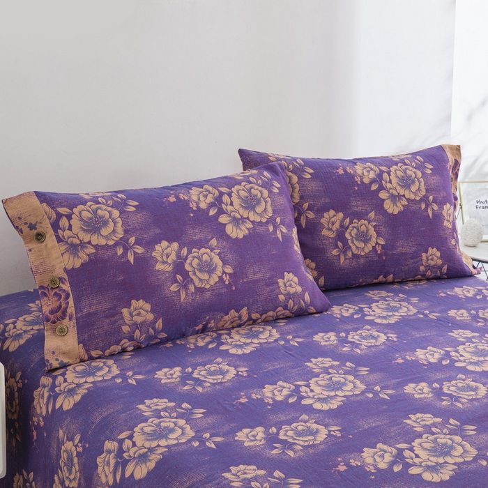 91家纺网 家纺一手货源 找家纺 2025新款全棉色织双层纱纽扣款四件套 云纱-紫罗兰