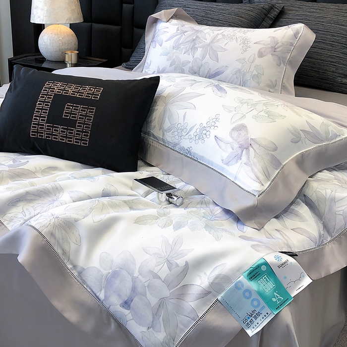 91家纺网 家纺一手货源 找家纺 若未家居 LOVEWE HOUSE 2025新款兰精天丝印花夏被及夏被四件套 落叶派对（床单款+床盖款）