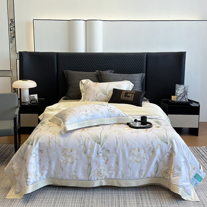 91家纺网 家纺一手货源 找家纺 若未家居 LOVEWE HOUSE 2025新款兰精天丝印花夏被及夏被四件套 西子铃兰（床单款+床盖款）