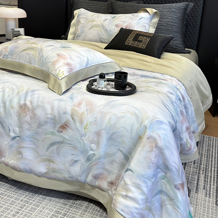 91家纺网 家纺一手货源 找家纺 若未家居 LOVEWE HOUSE 2025新款兰精天丝印花夏被及夏被四件套 粉墨华羽（床单款+床盖款）