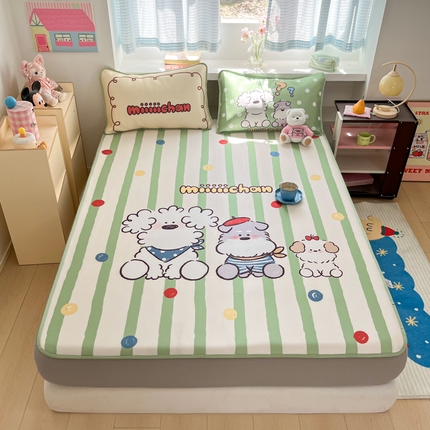 金爱家 2025新款正版授权miiiiichan可爱卡通大版数码印花A类1200D冰感丝凉感席冰丝三件套平铺床笠系列 绿彩色波点狗