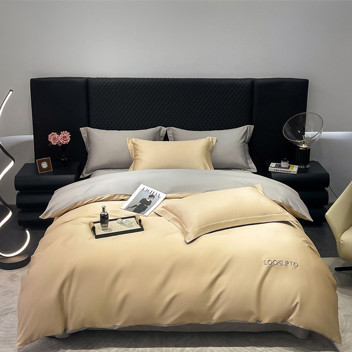 91家纺网 家纺一手货源 找家纺 皇寝世家家居 2025新款全棉纯棉A类100s长绒棉四件套刺绣绣花纯色贡缎床单款-诗雅 诗雅-香槟金