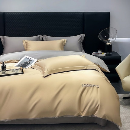 皇寝世家家居 2025新款全棉纯棉A类100s长绒棉四件套刺绣绣花纯色贡缎床单款-诗雅 诗雅-香槟金