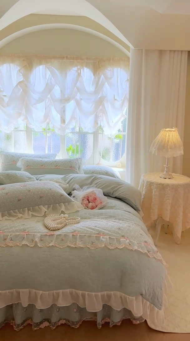 91家纺网 家纺一手货源 找家纺 网红馆（ck家纺） 2025新款优舒棉蕾丝花边床裙四件套-玛格丽 水绿