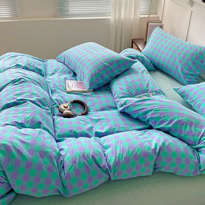 91家纺网 家纺一手货源 找家纺 大柏树 2025新款全棉水洗棉套件-床单四件套 绿紫中格