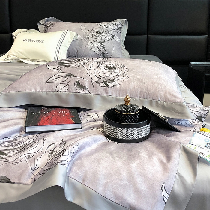 91家纺网 家纺一手货源 找家纺 若未家居 LOVEWE HOUSE 2025新款兰精天丝印花夏被及夏被四件套 叶罗丽玫瑰 灰（床单款+床盖款）